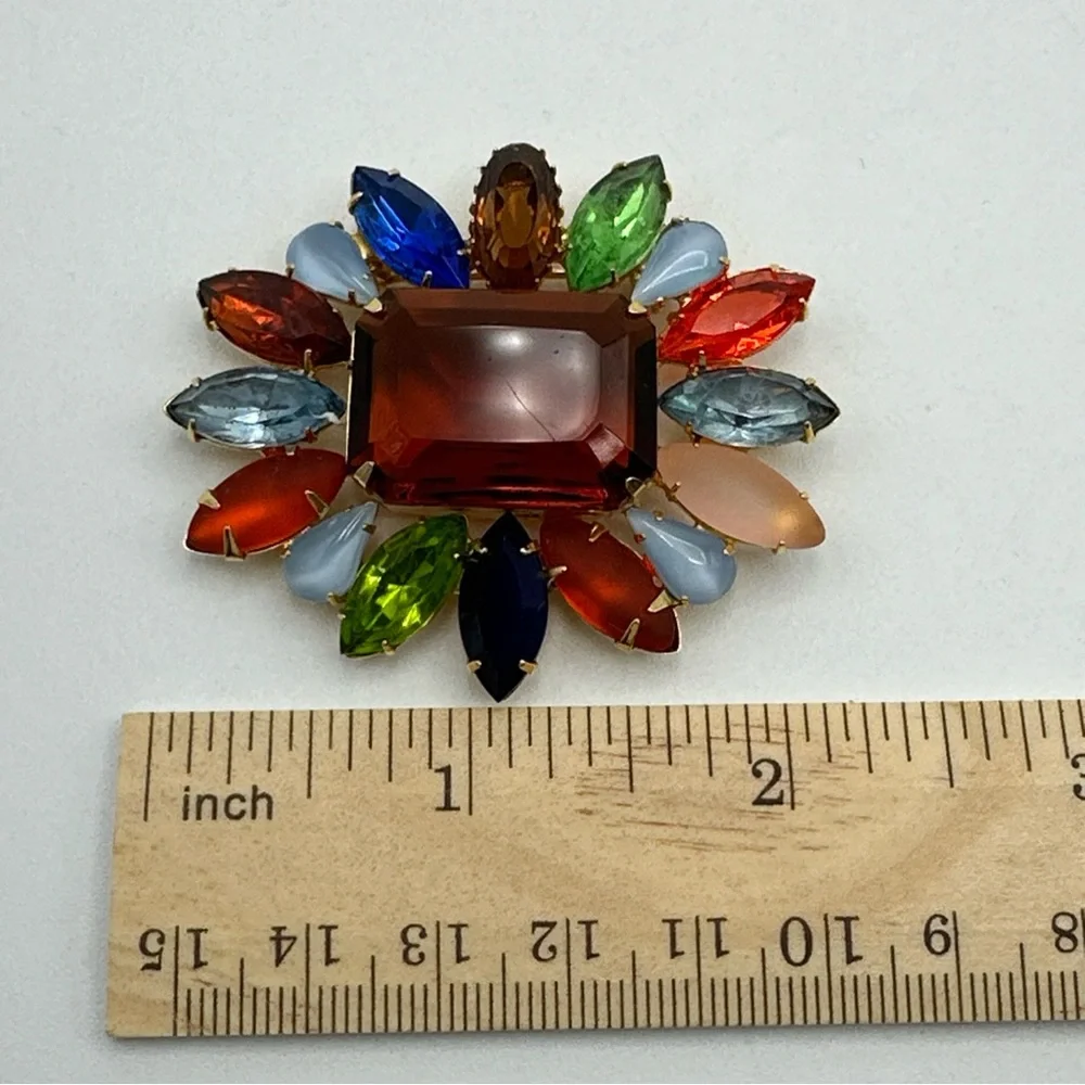 Vintage Rhinestone Multi Color Large‎ Amber Center Brooch/Pin #629